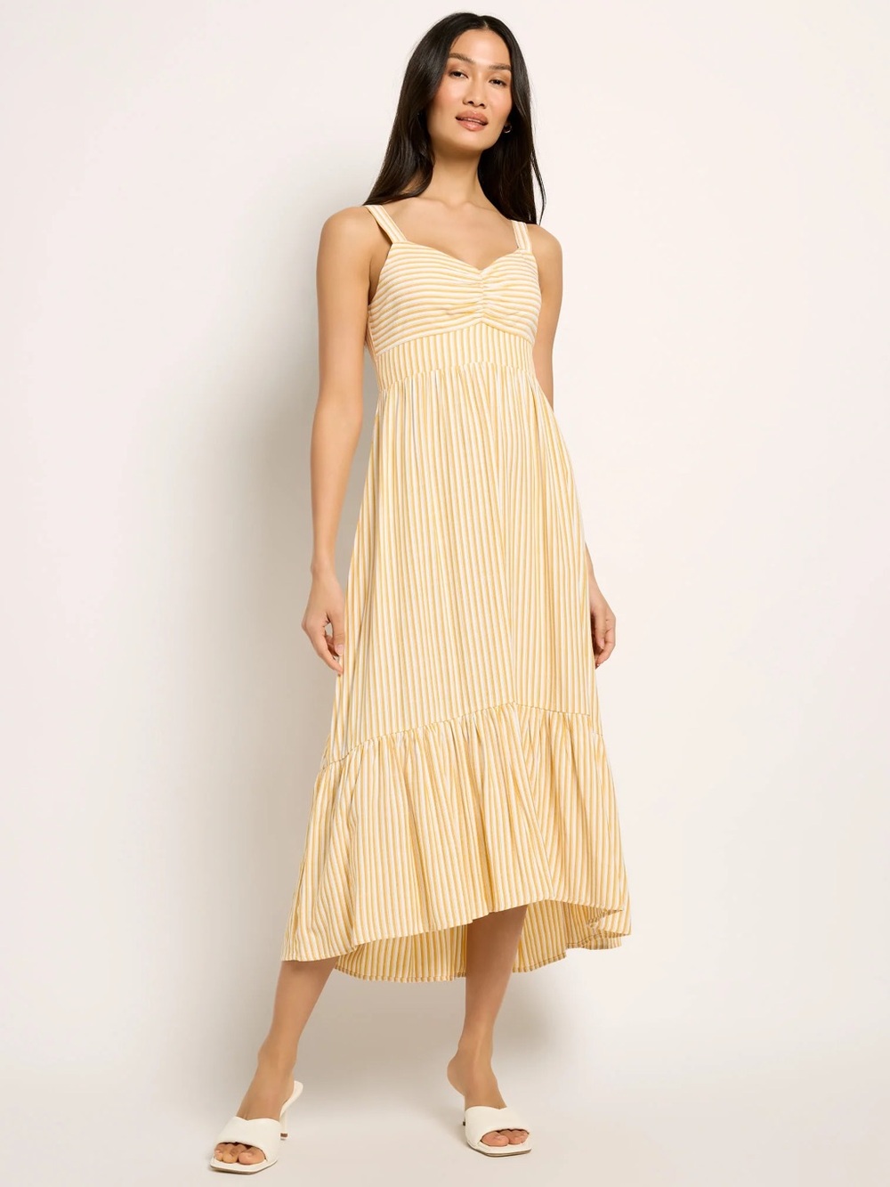 New Skies Are Blue Yellow White Striped Sweetheart Midi Dress Size Small $79